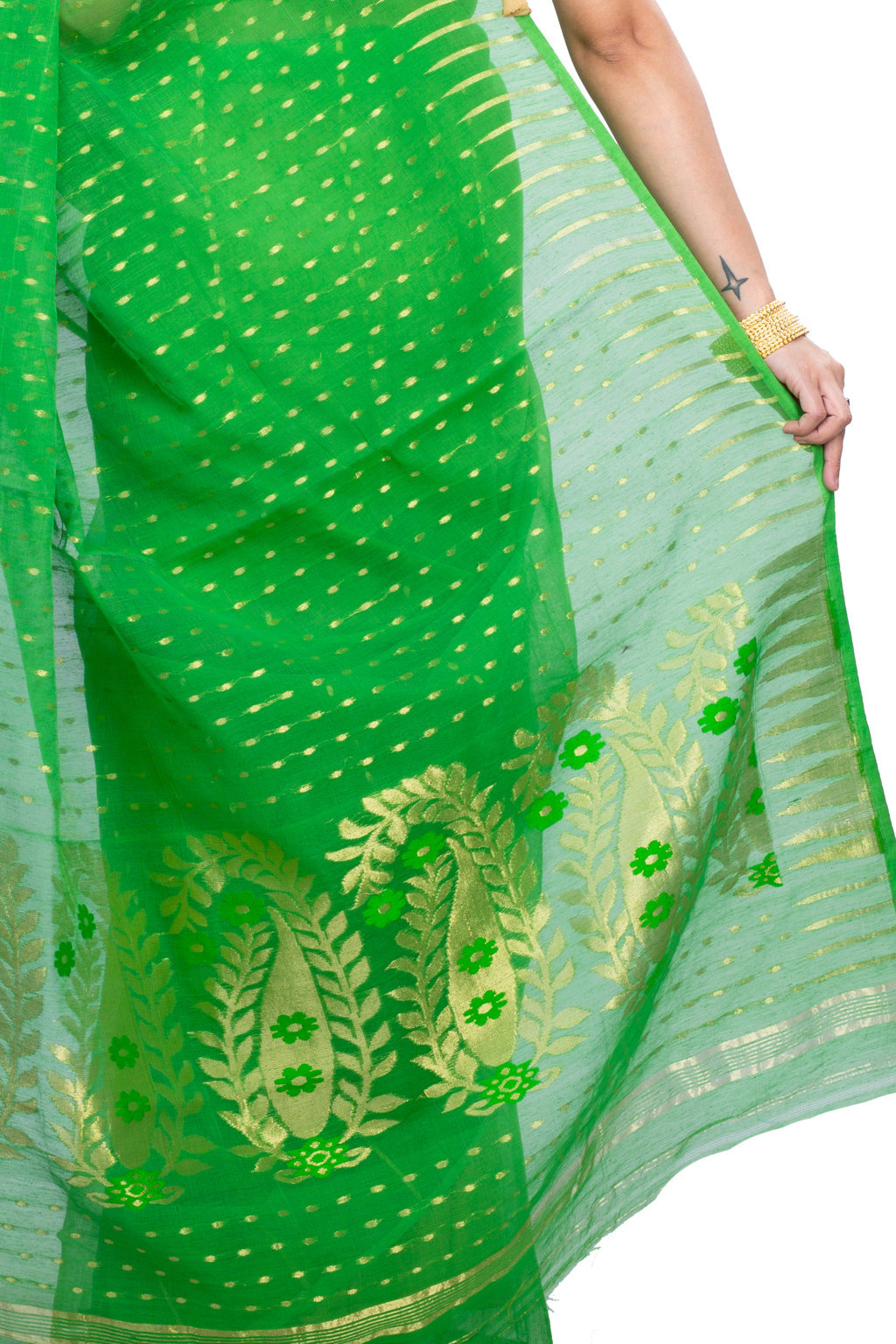 Green Blended Cotton New HALF  JAMDINE Jamdani Saree (4107)